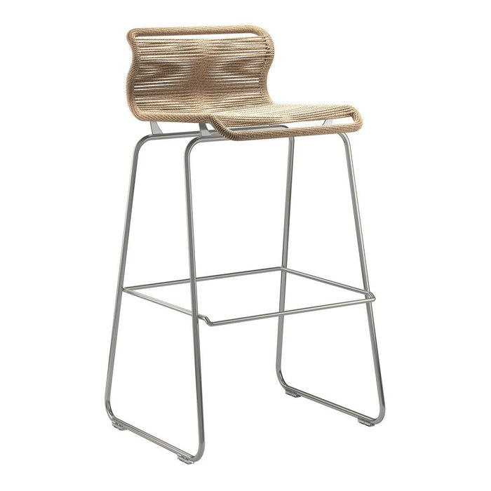 Natural wood grain pattern with a tan seat and sleek silver metal legs, ideal for modern decor.