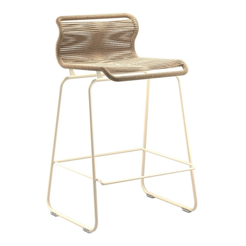Stylish beige bar stool with textured seat and minimalistic white metal frame, perfect for modern decor.