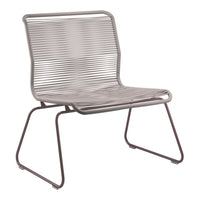 Modern chair in muted gray, featuring sleek horizontal striped pattern and minimalist metal frame. Perfect for any decor.