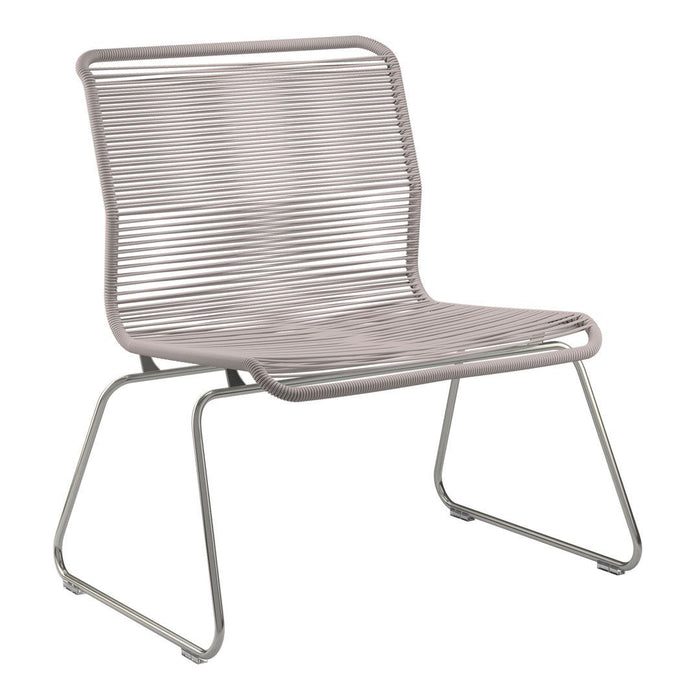 Modern chair in soft pink with clean lines and a minimalist striped pattern, set on a sleek, metallic frame.