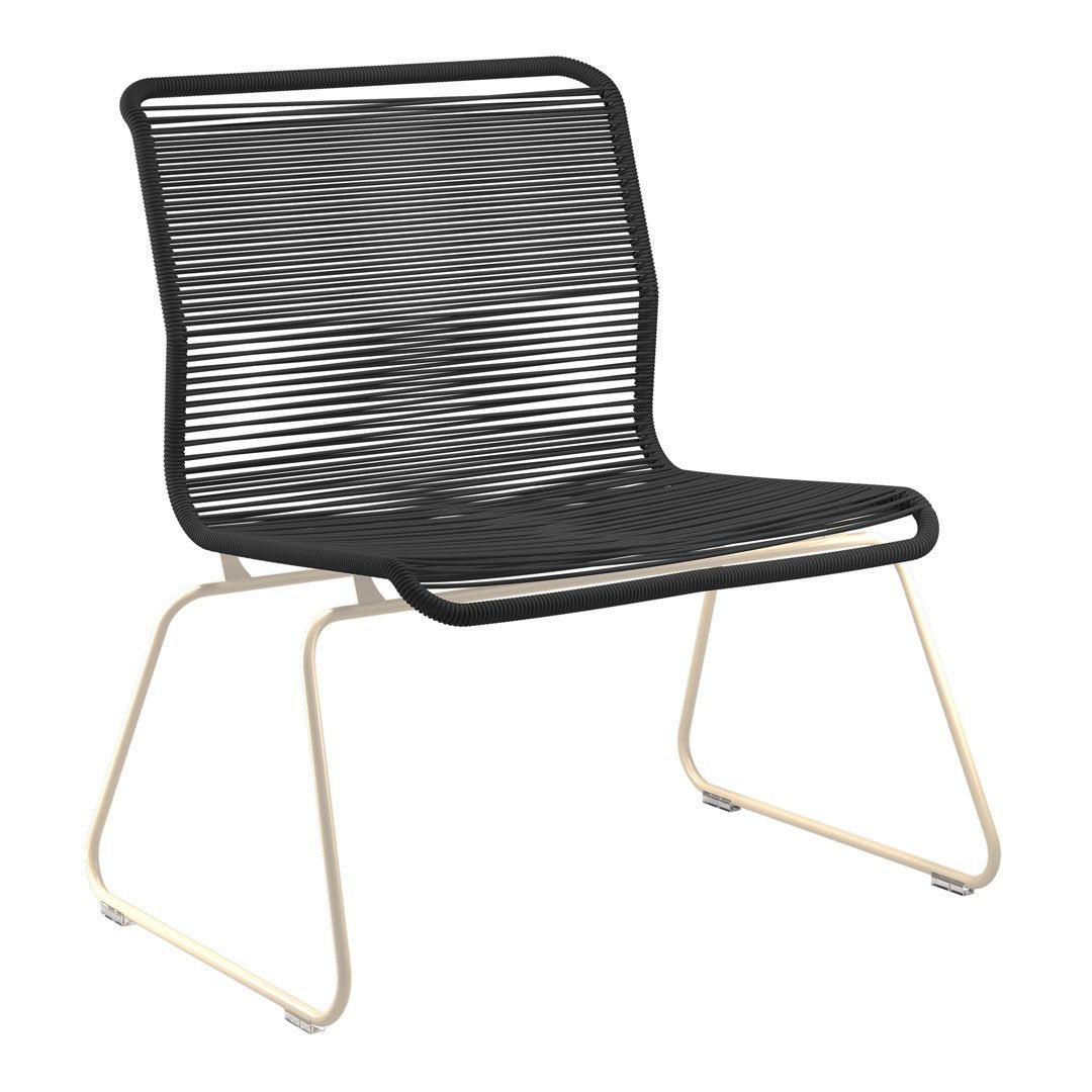 Black striped chair with a sleek cream-colored frame, perfect for modern and minimalist decor.