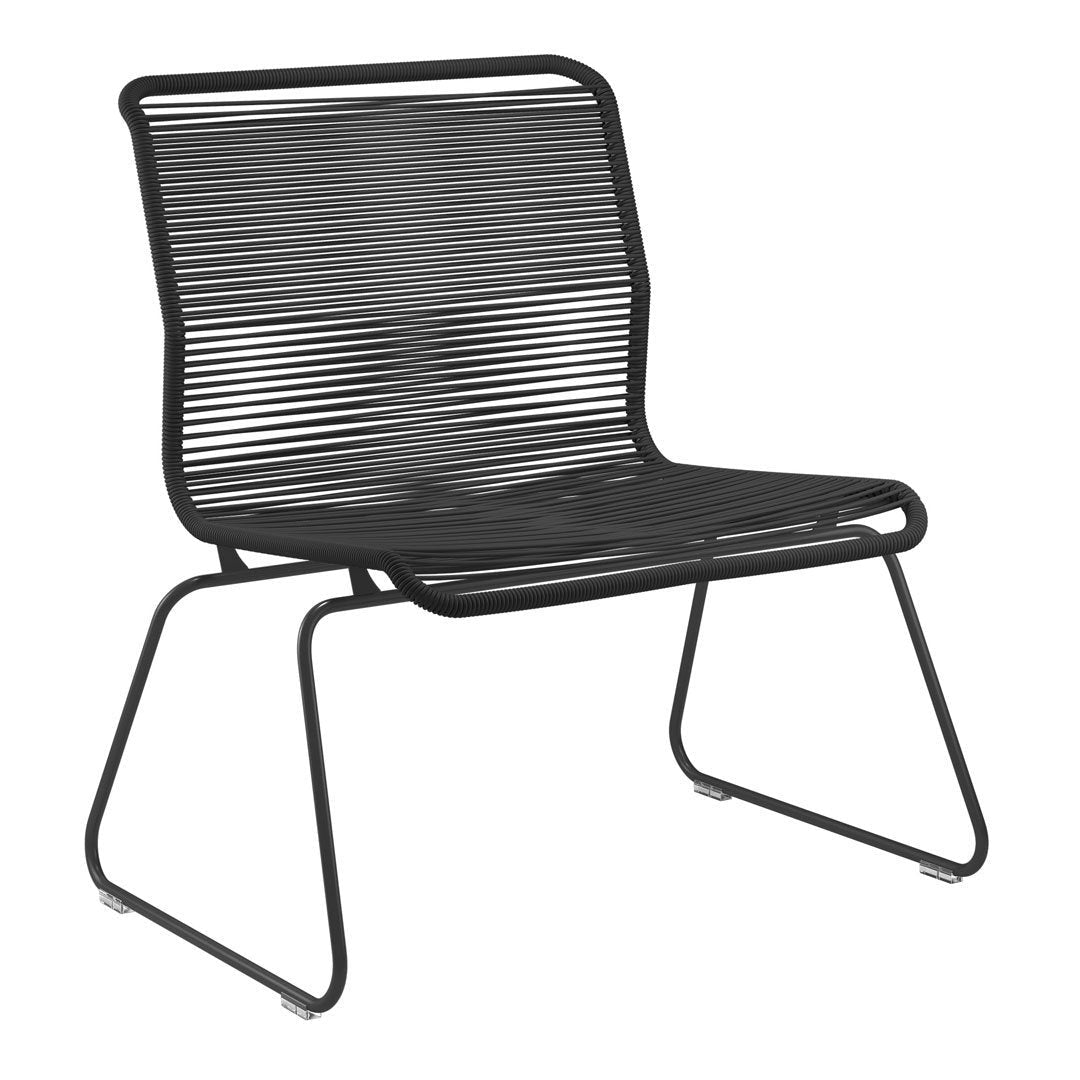 Black striped outdoor chair with a modern design and minimalist style. Perfect for patio or garden decor.