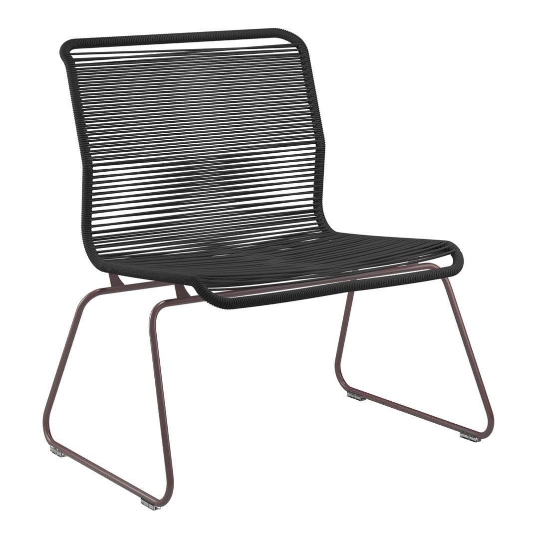 Black striped lounge chair with sleek metal frame in a contrasting brown finish. Modern design for stylish decor.