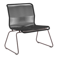 Black striped lounge chair with sleek metal frame in a contrasting brown finish. Modern design for stylish decor.