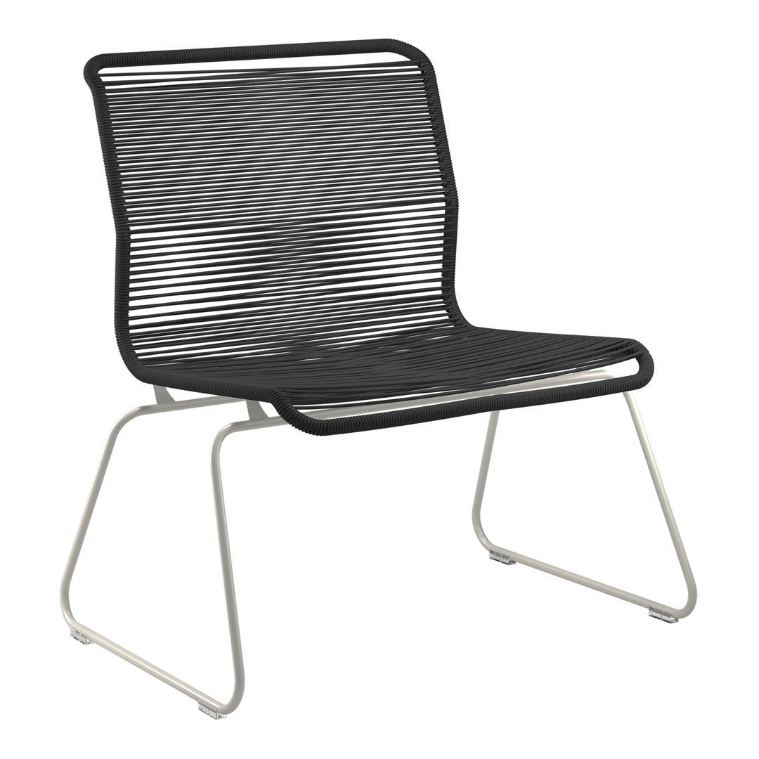 Black striped chair with a sleek metal frame, featuring modern lines and minimalist design. Ideal for contemporary spaces.