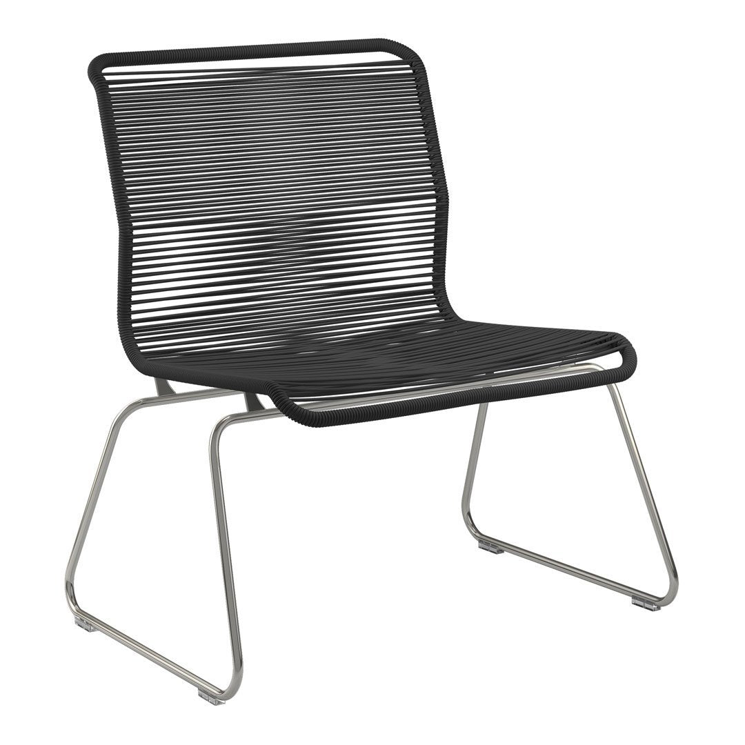 Minimalist black chair with horizontal stripe pattern and stainless steel frame, perfect for modern decor.