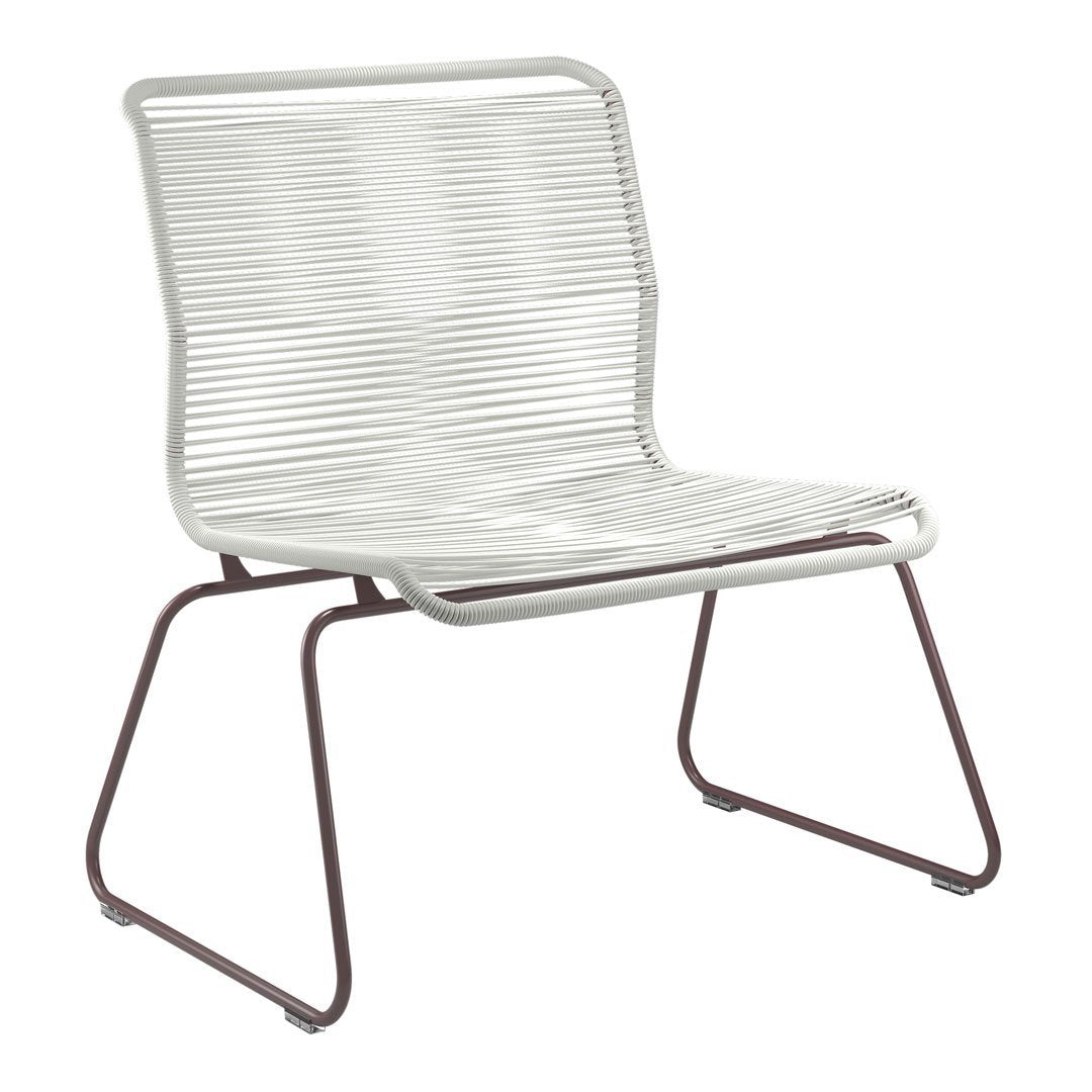 White, striped metal chair with a sleek design and contrasting brown legs, perfect for modern decor.