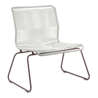 White, striped metal chair with a sleek design and contrasting brown legs, perfect for modern decor.