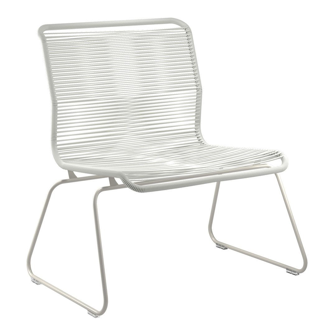 White striped lounge chair with a sleek design and minimalist aesthetic, perfect for modern decor.