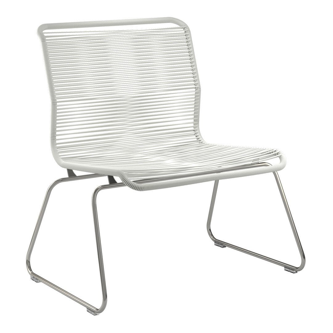 Modern silver lounge chair with sleek, horizontal lines and an open weave design for a contemporary look.