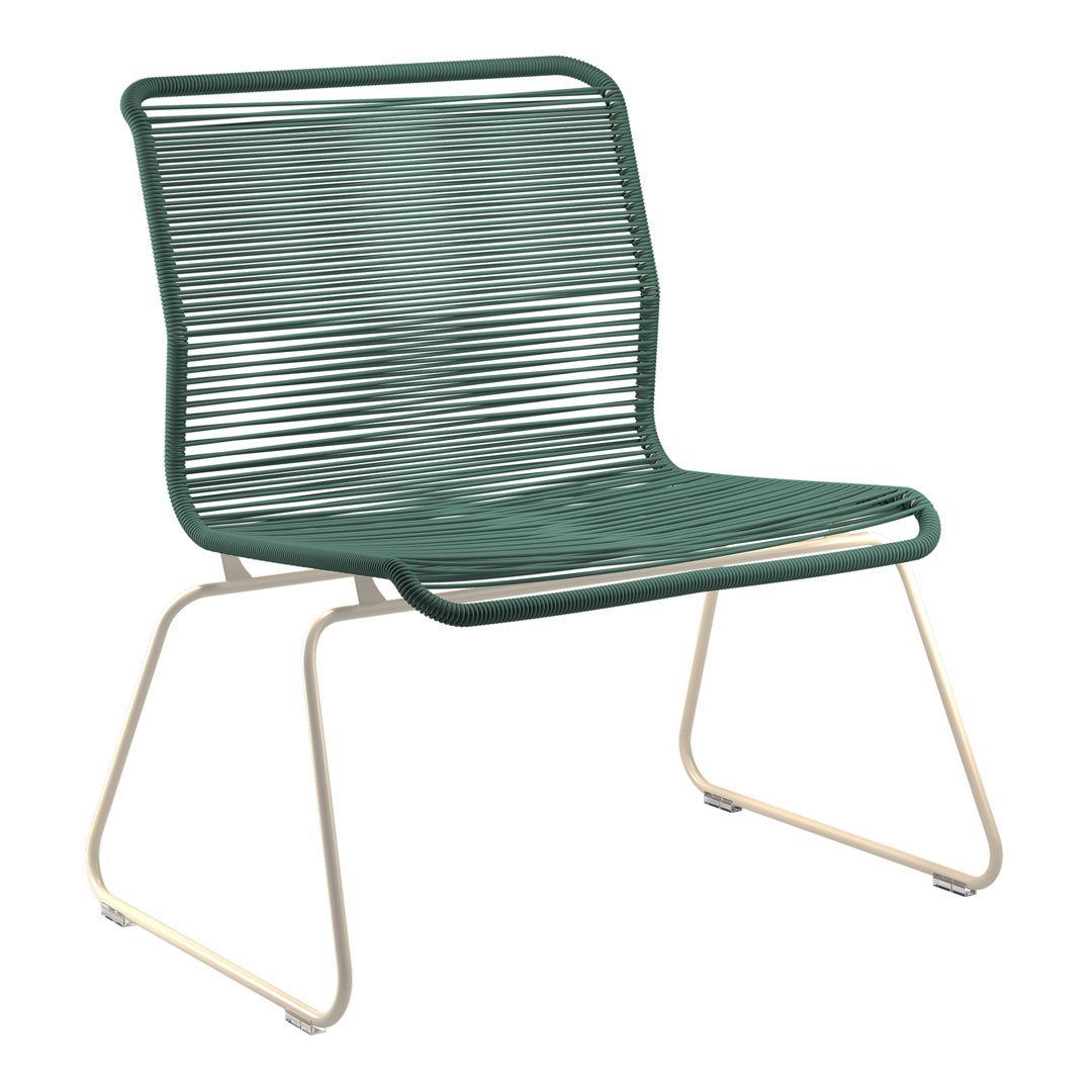 Teal green ribbed chair with a sleek white metal frame. Modern design for stylish indoor or outdoor decor.