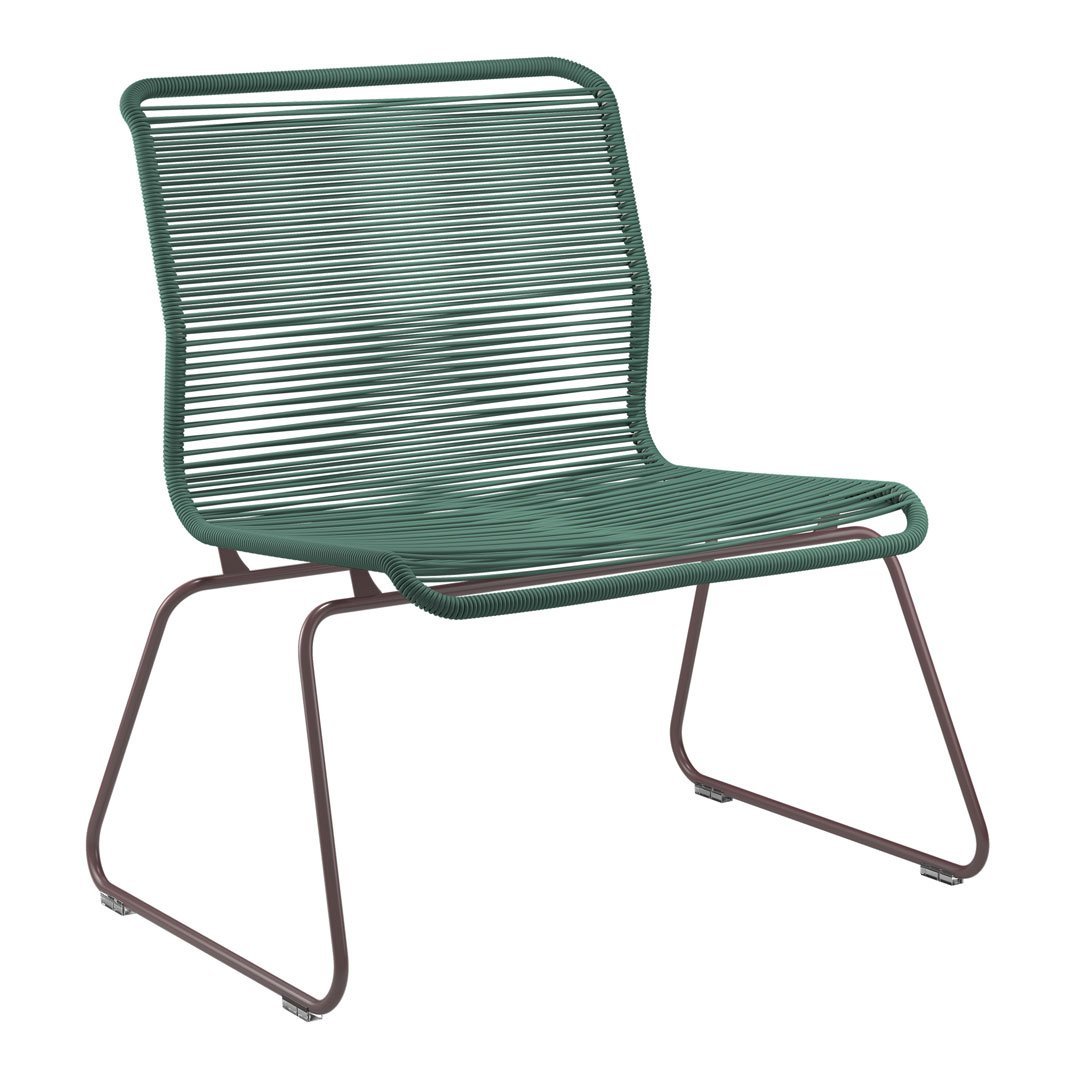 Green striped chair with a sleek, minimalist design and brown metal frame. Ideal for modern outdoor spaces.