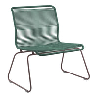 Green striped chair with a sleek, minimalist design and brown metal frame. Ideal for modern outdoor spaces.
