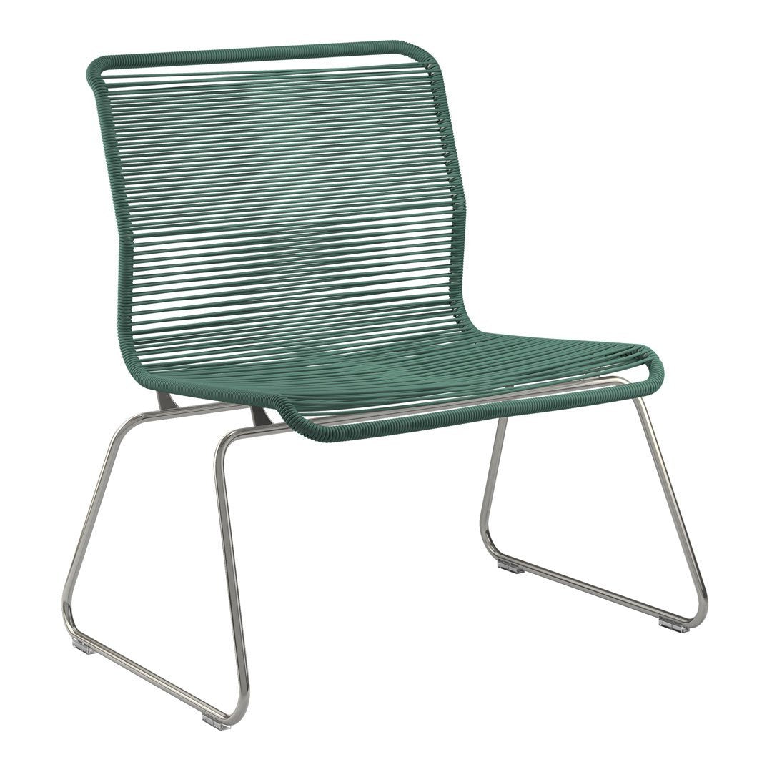 Green striped chair with a sleek metallic frame, perfect for modern outdoor settings.