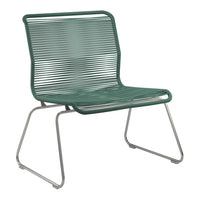 Green striped chair with a sleek metallic frame, perfect for modern outdoor settings.