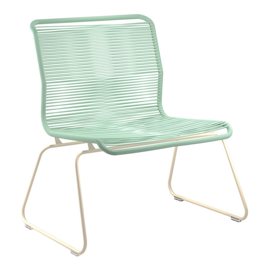 Mint green chair with horizontal striped pattern and cream metal frame, perfect for modern indoor or outdoor decor.