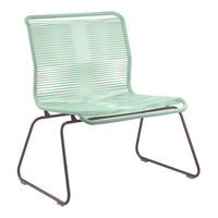 Mint green lounge chair with a sleek striped pattern and contrasting brown metal frame. Ideal for modern decor.