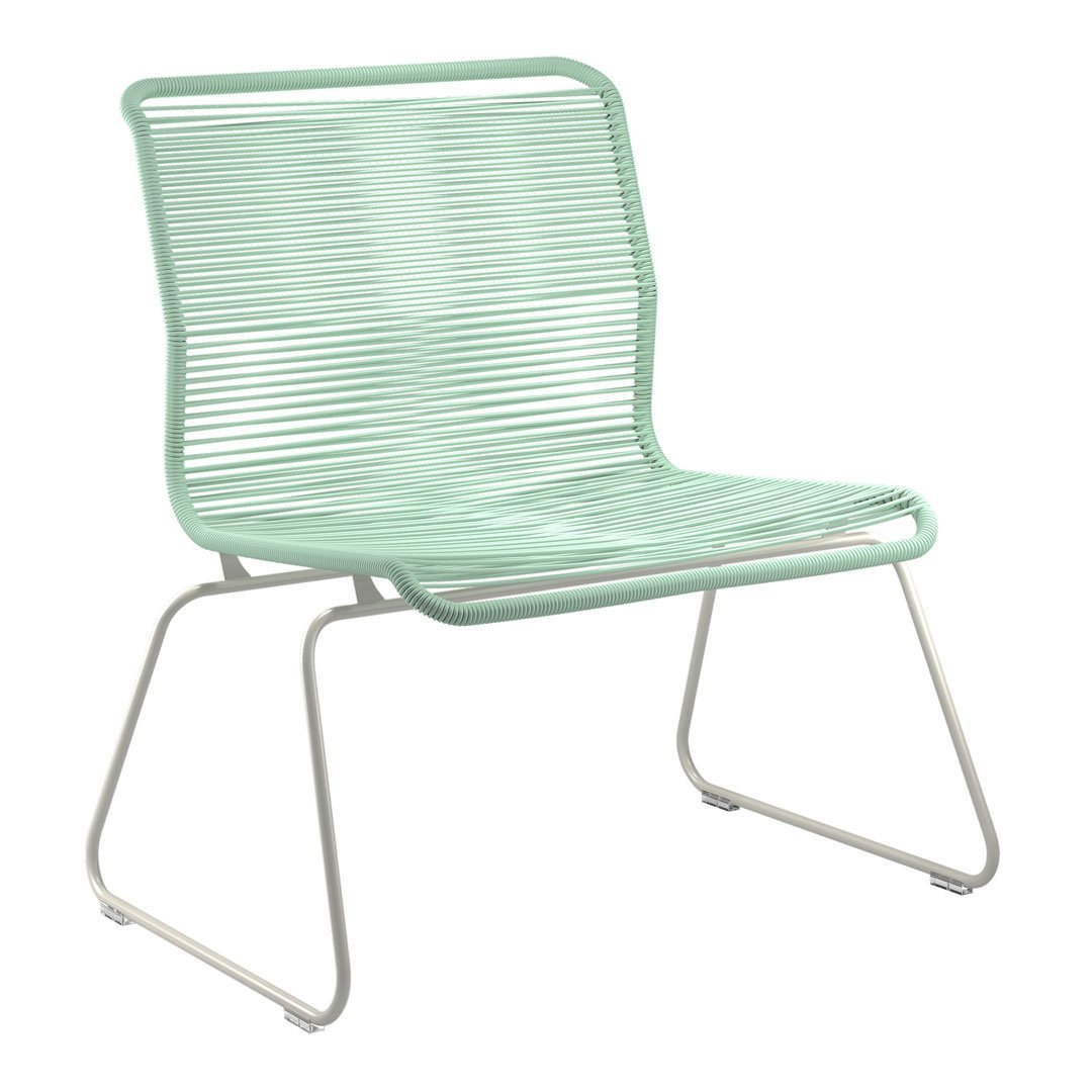 Mint green chair with a sleek, striped pattern and white metal frame for a modern, airy look.