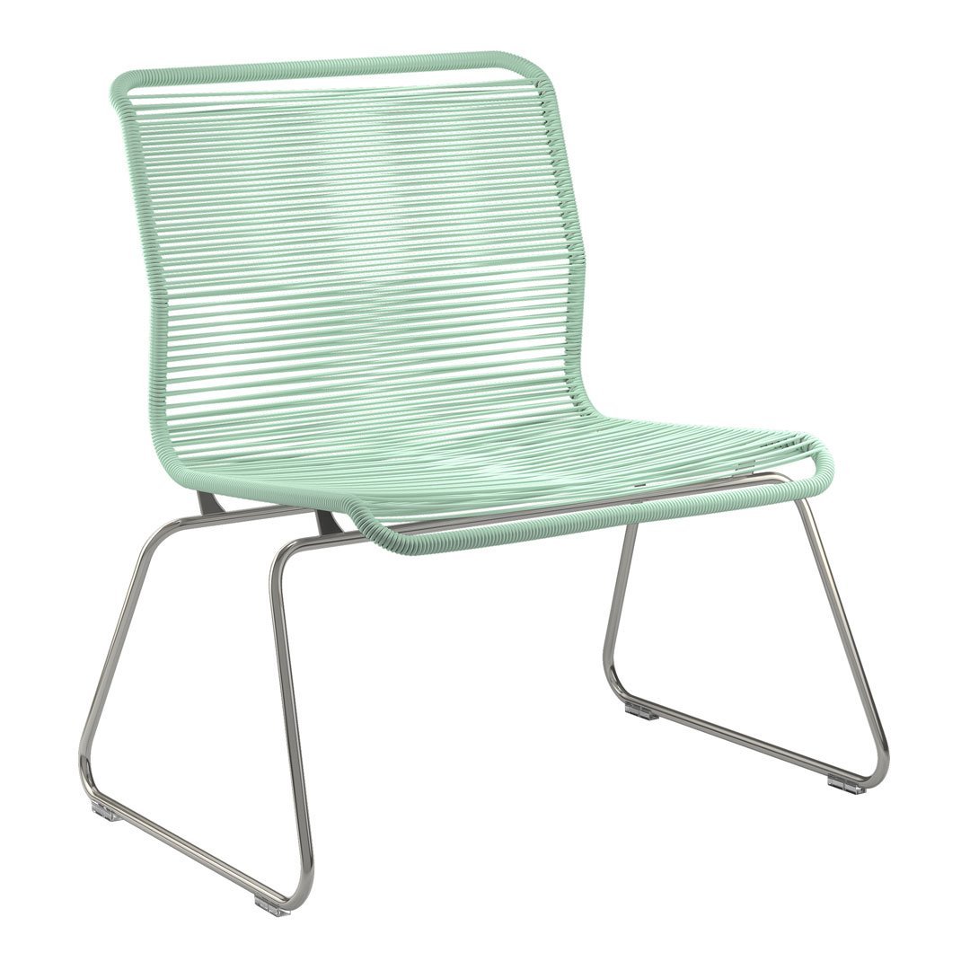 Mint green striped lounge chair with a sleek metal frame, perfect for modern outdoor decor.