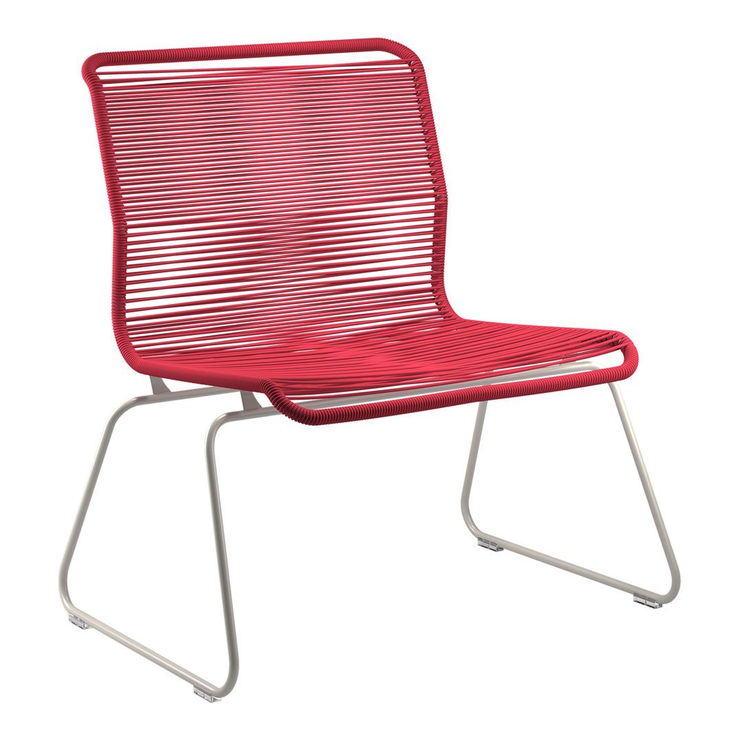 Red, striped lounge chair with a sleek, minimalist design and silver metal legs. Ideal for modern decor.