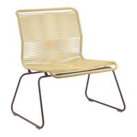 Yellow striped chair with brown metal frame, modern design and minimalistic style, perfect for indoor or outdoor use.