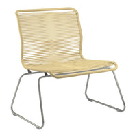 Beige striped chair with minimalist design and silver metal frame, perfect for modern decor.