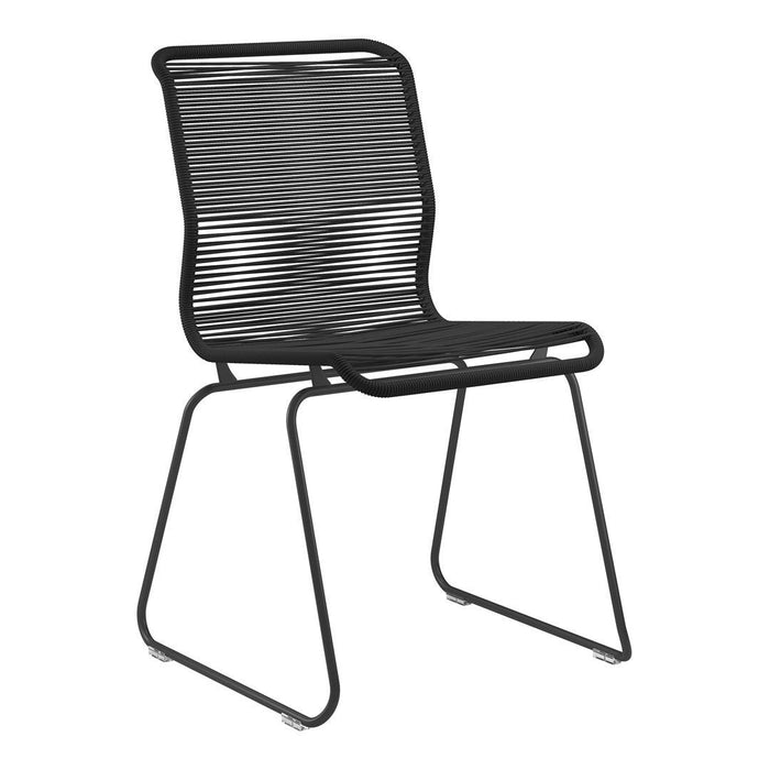 Black metal chair with sleek, horizontal slat design for modern aesthetics. Perfect for contemporary outdoor or indoor decor.