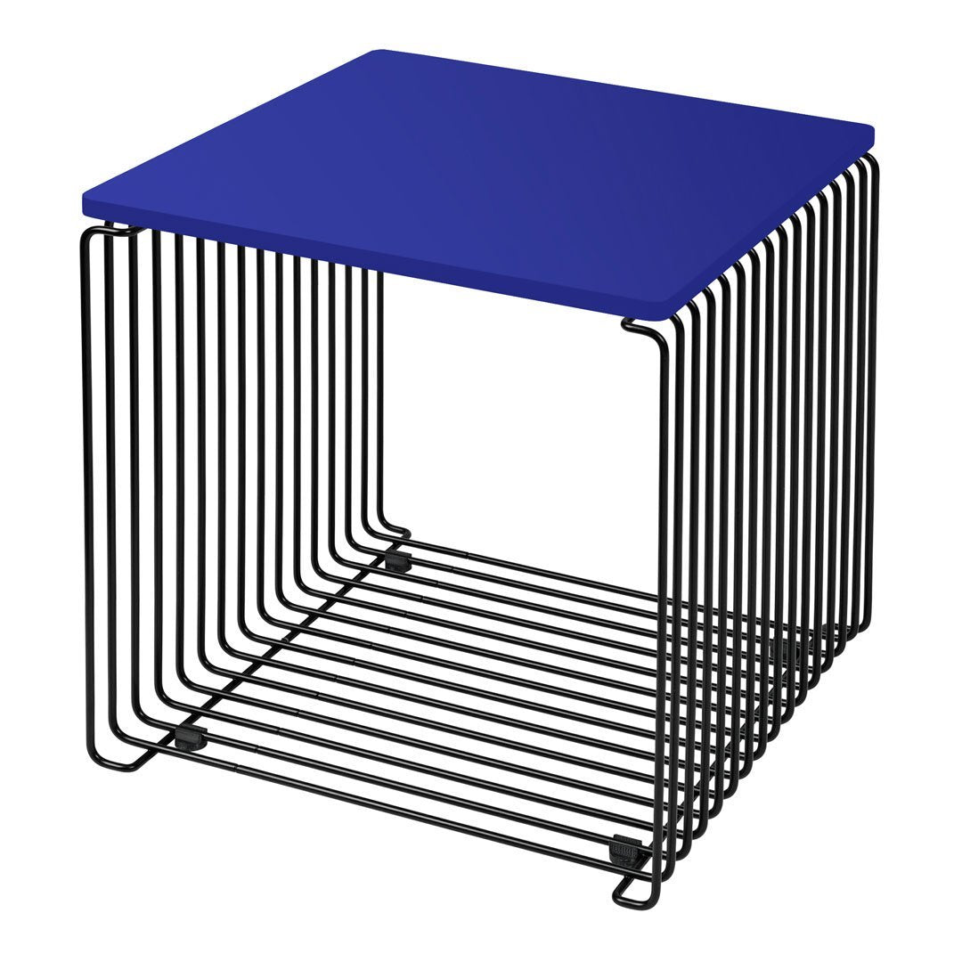 Blue top with black wireframe, modern geometric design, sleek and minimalist furniture for versatile home decor.