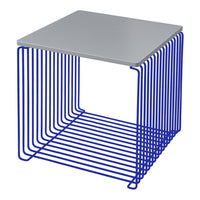 Blue wireframe table with a sleek silver top, featuring a minimalist design and modern patterns.