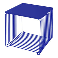Blue wireframe side table with a sleek, modern design and an open structure, perfect for contemporary interiors.