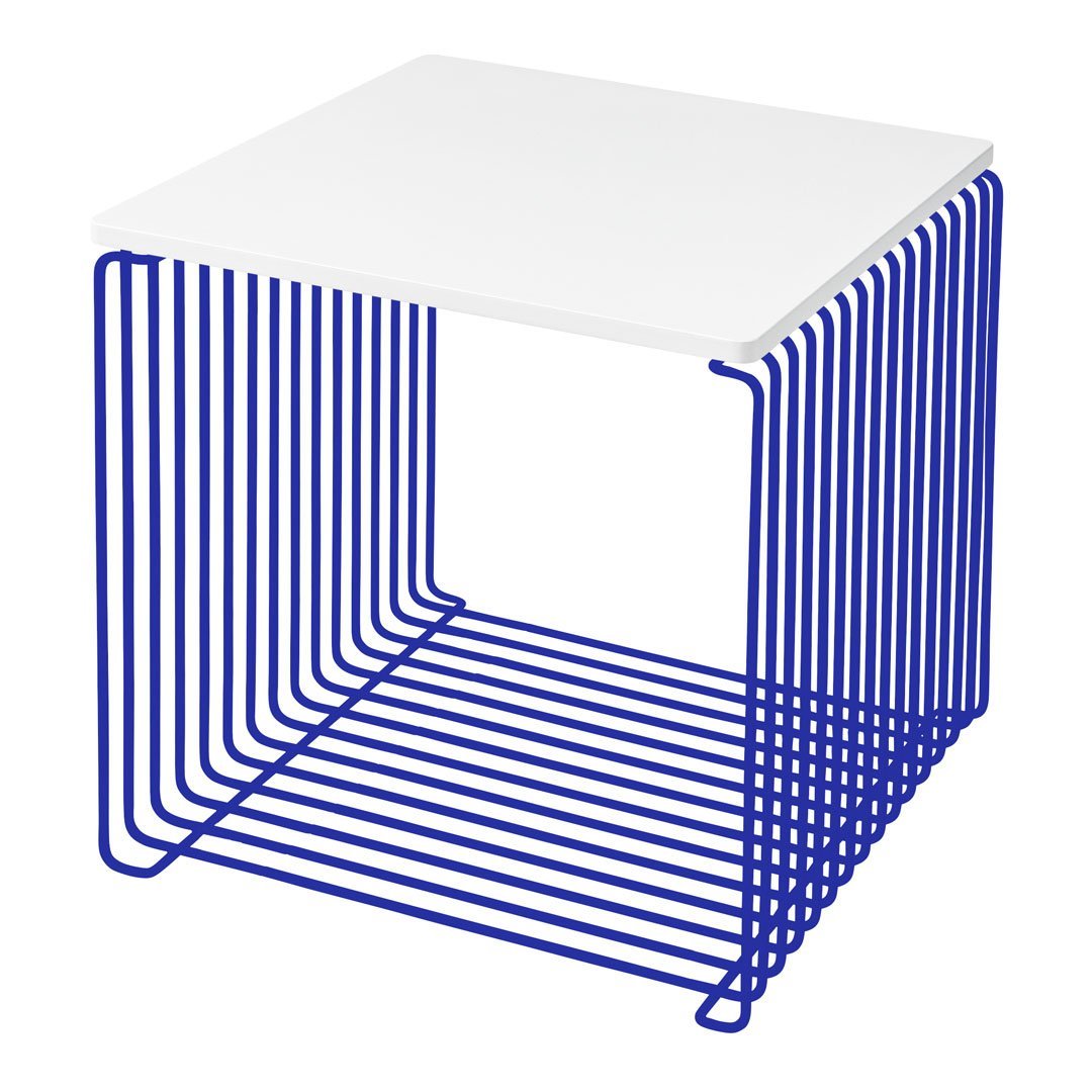White tabletop with a vibrant blue wireframe base featuring sleek vertical lines. Perfect for modern decor.