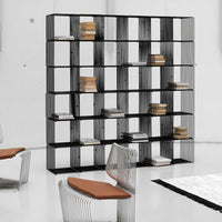 Modern black wire shelving unit with geometric patterns and light wooden accents, perfect for contemporary spaces.