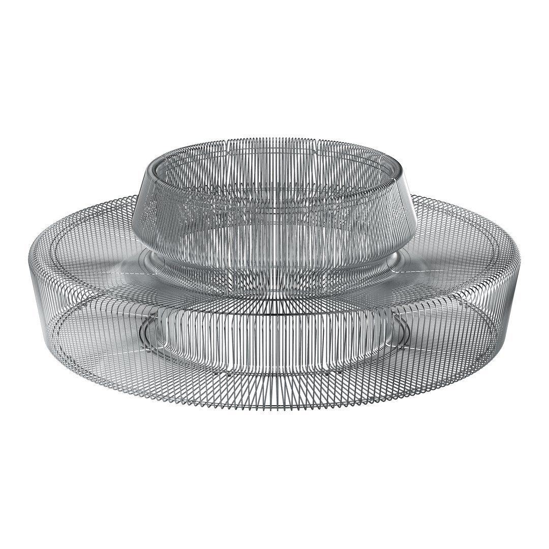 Transparent circular wire tray set with a sleek, modern design and intricate pattern of horizontal lines.