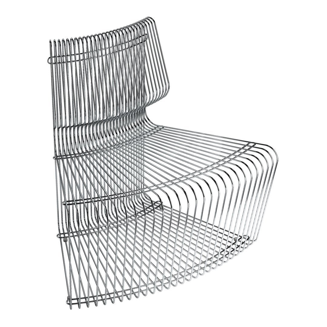 Sleek chrome wire chair with modern curved design and intricate linear pattern, perfect for contemporary decor.