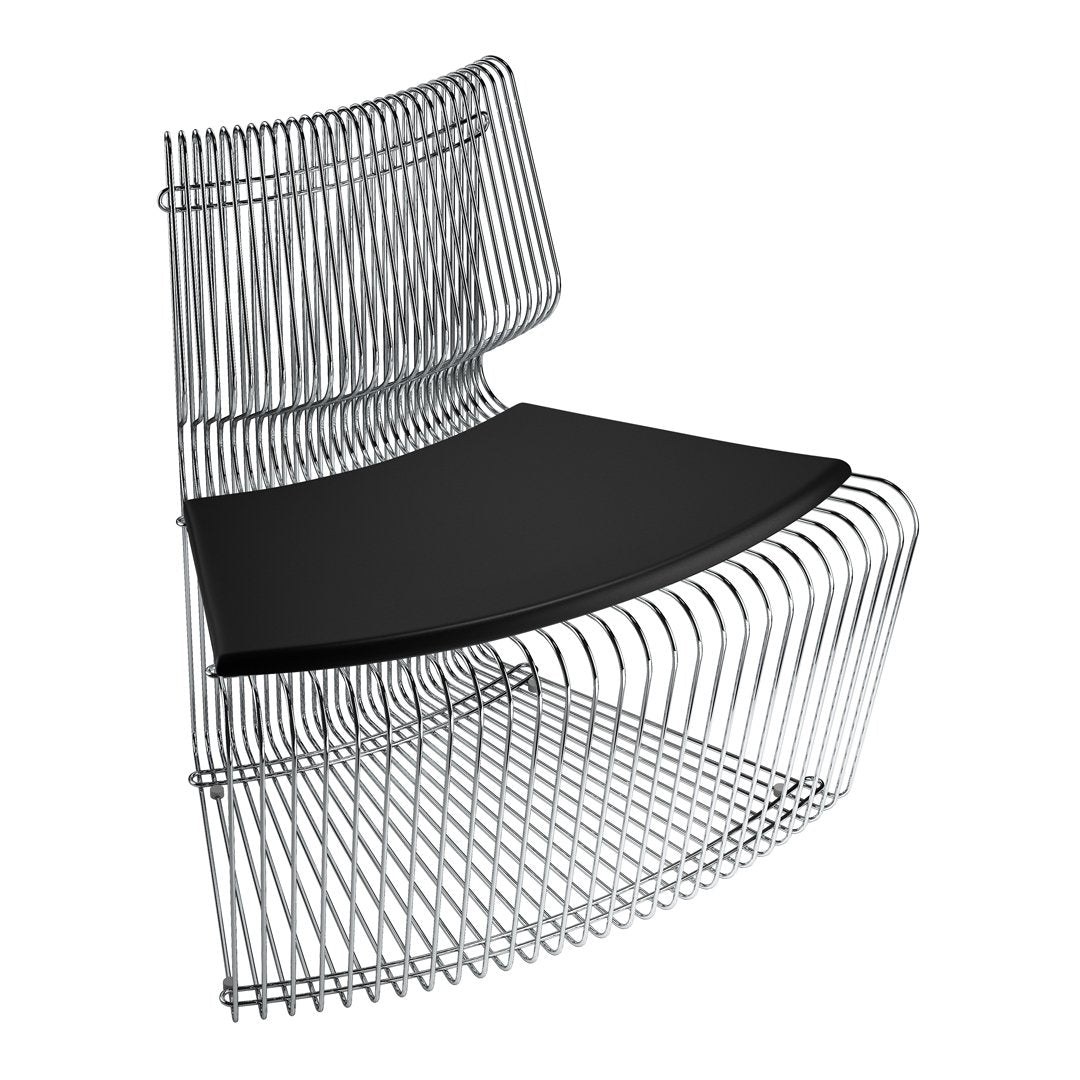 Modern wire chair with sleek chrome finish and black seat cushion, featuring a minimalist, contemporary design.