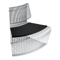 Modern wire chair with sleek chrome finish and black seat cushion, featuring a minimalist, contemporary design.