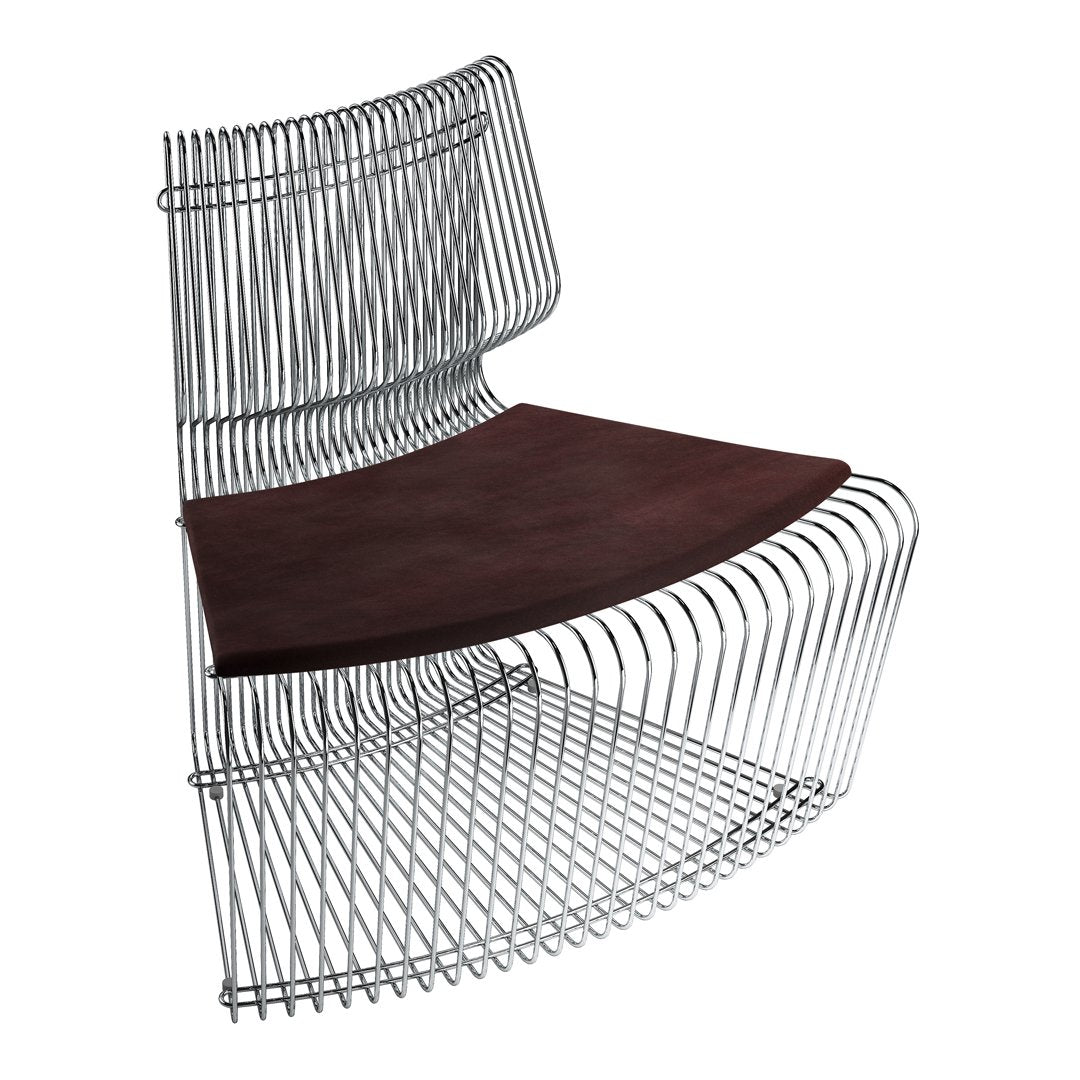 Modern wire chair with a sleek chrome frame and rich brown leather seat, showcasing a contemporary design.