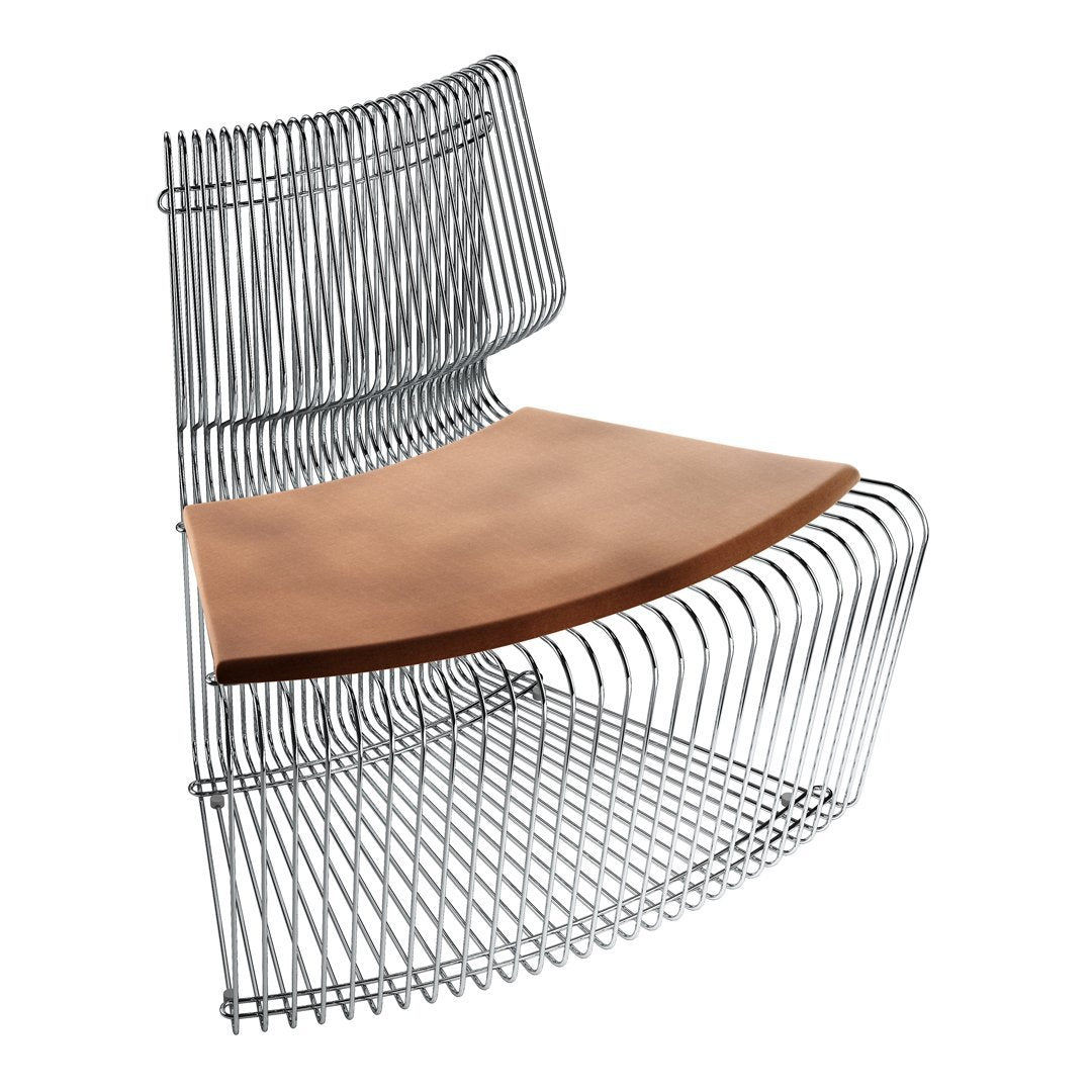 Modern wire chair with a sleek chrome finish and warm brown leather seat, featuring a unique curved design.
