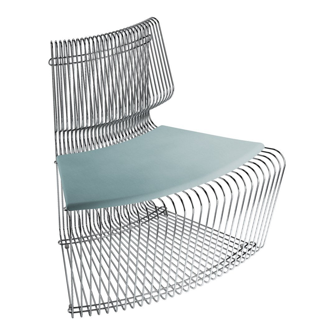 Stylish wire chair with sleek chrome finish and mint green seat, featuring a modern, minimalist design.