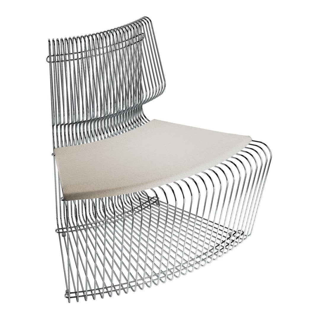 Modern silver wire chair with a sleek, minimalist design and a light beige cushion. Elegant curves and contemporary style.