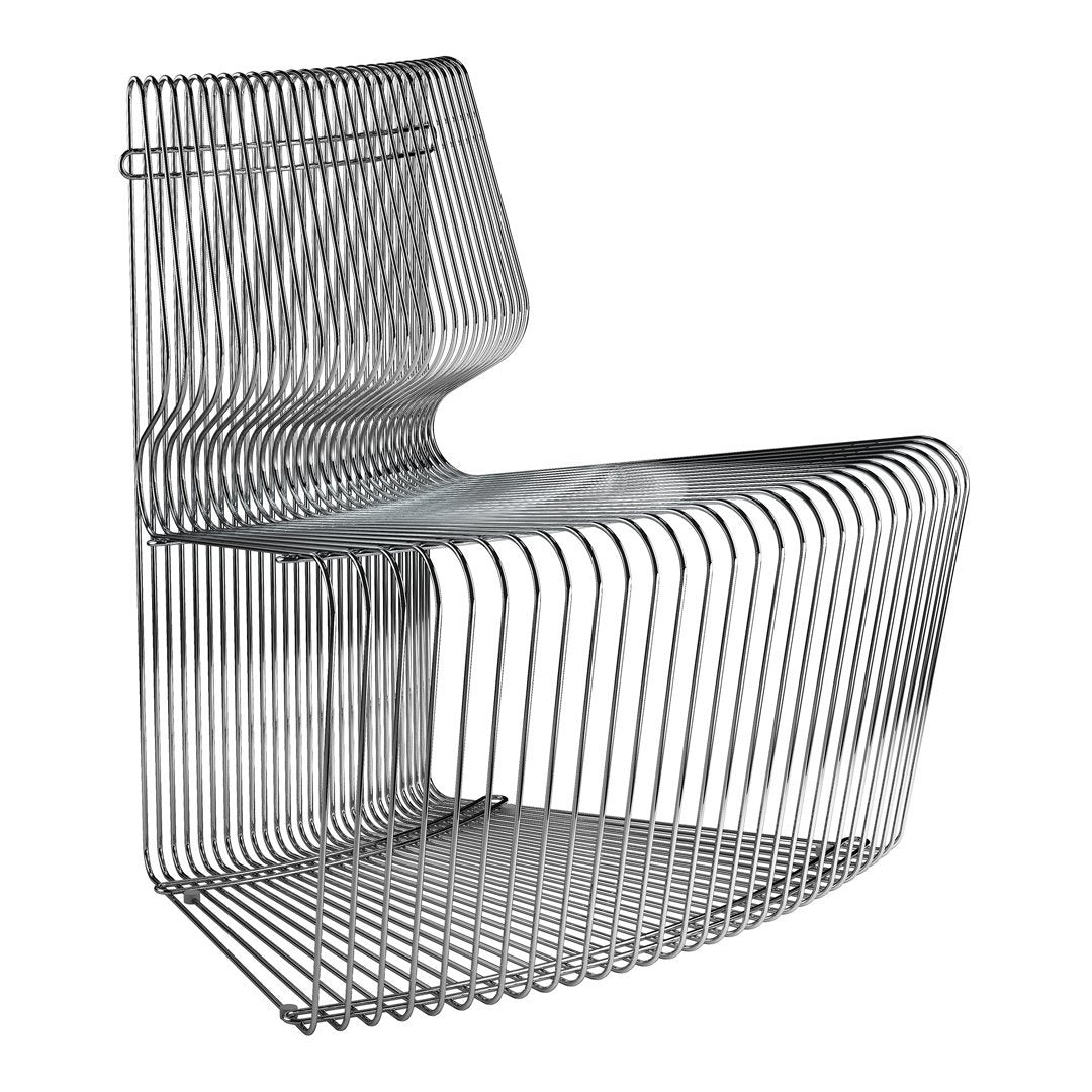 Sleek silver wire chair featuring a modern, open grid pattern with smooth curves and sharp lines.