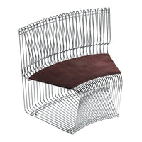 Modern metal chair with a sleek wireframe, featuring a rich burgundy cushion. Contemporary design with minimalist patterns.