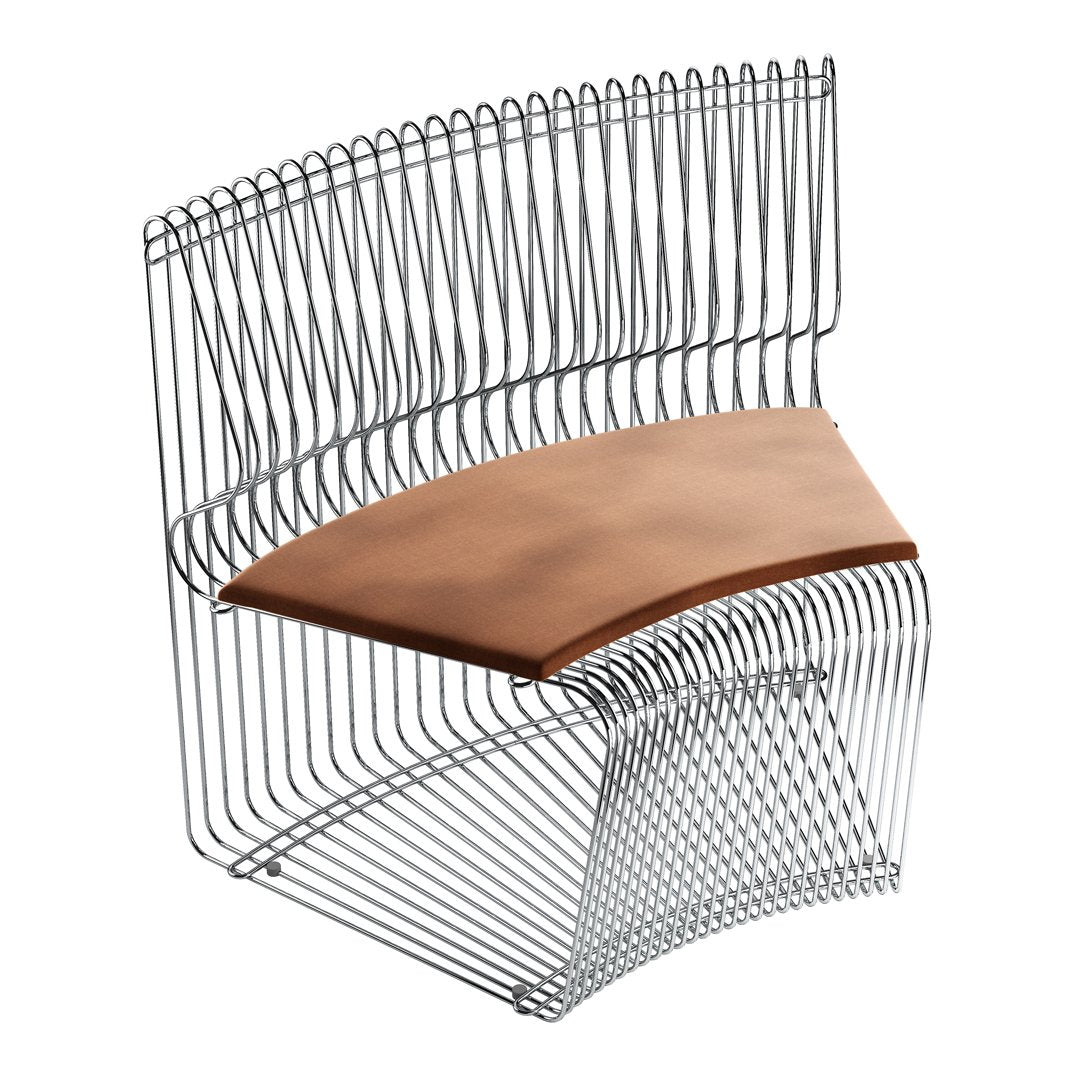 Metal wire chair with a sleek, curved design and a warm brown leather seat, featuring a modern, minimalist aesthetic.