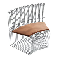 Metal wire chair with a sleek, curved design and a warm brown leather seat, featuring a modern, minimalist aesthetic.