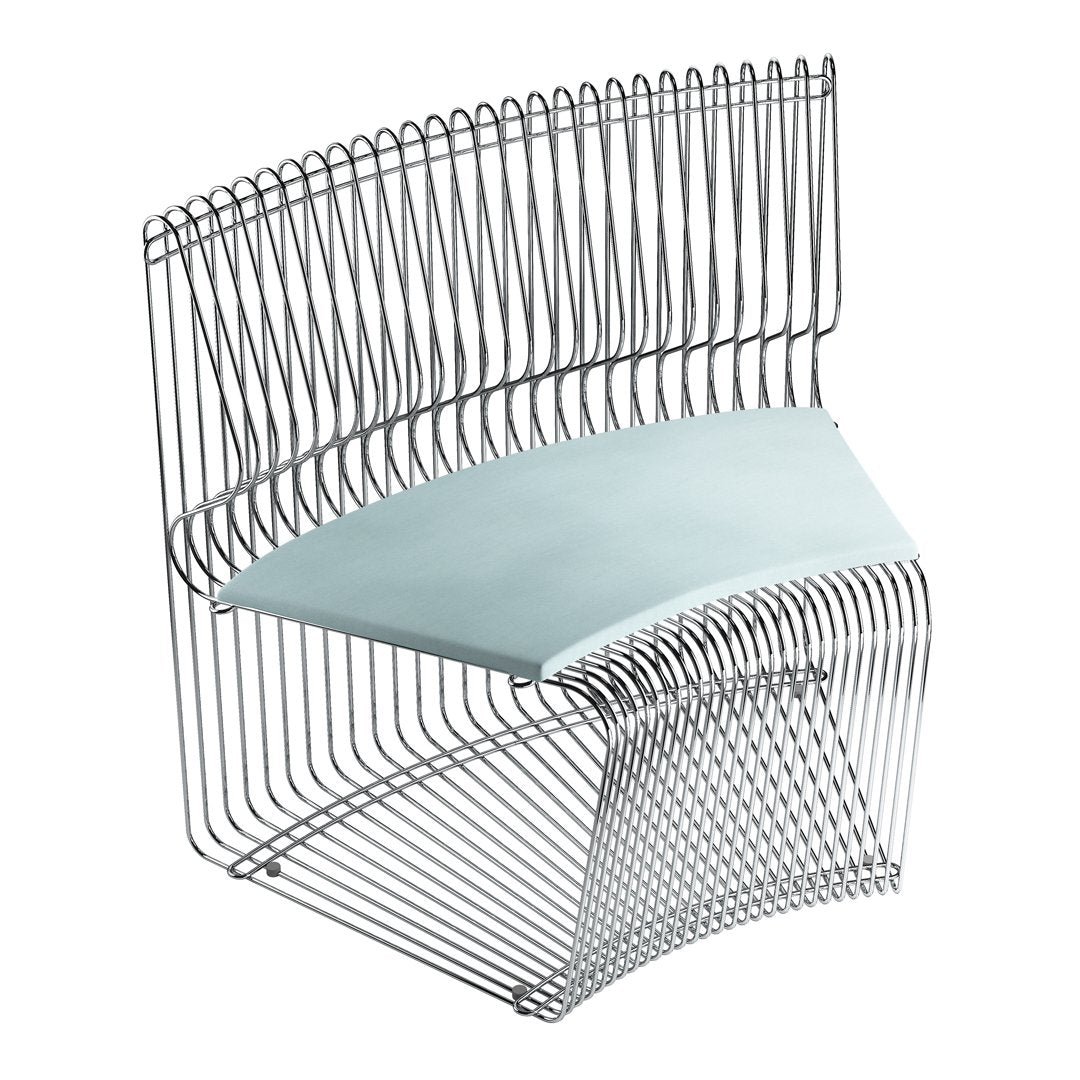Silver wire chair with a sleek, curved design and light blue seat. Modern, minimalist pattern for contemporary spaces.