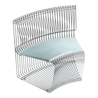 Silver wire chair with a sleek, curved design and light blue seat. Modern, minimalist pattern for contemporary spaces.