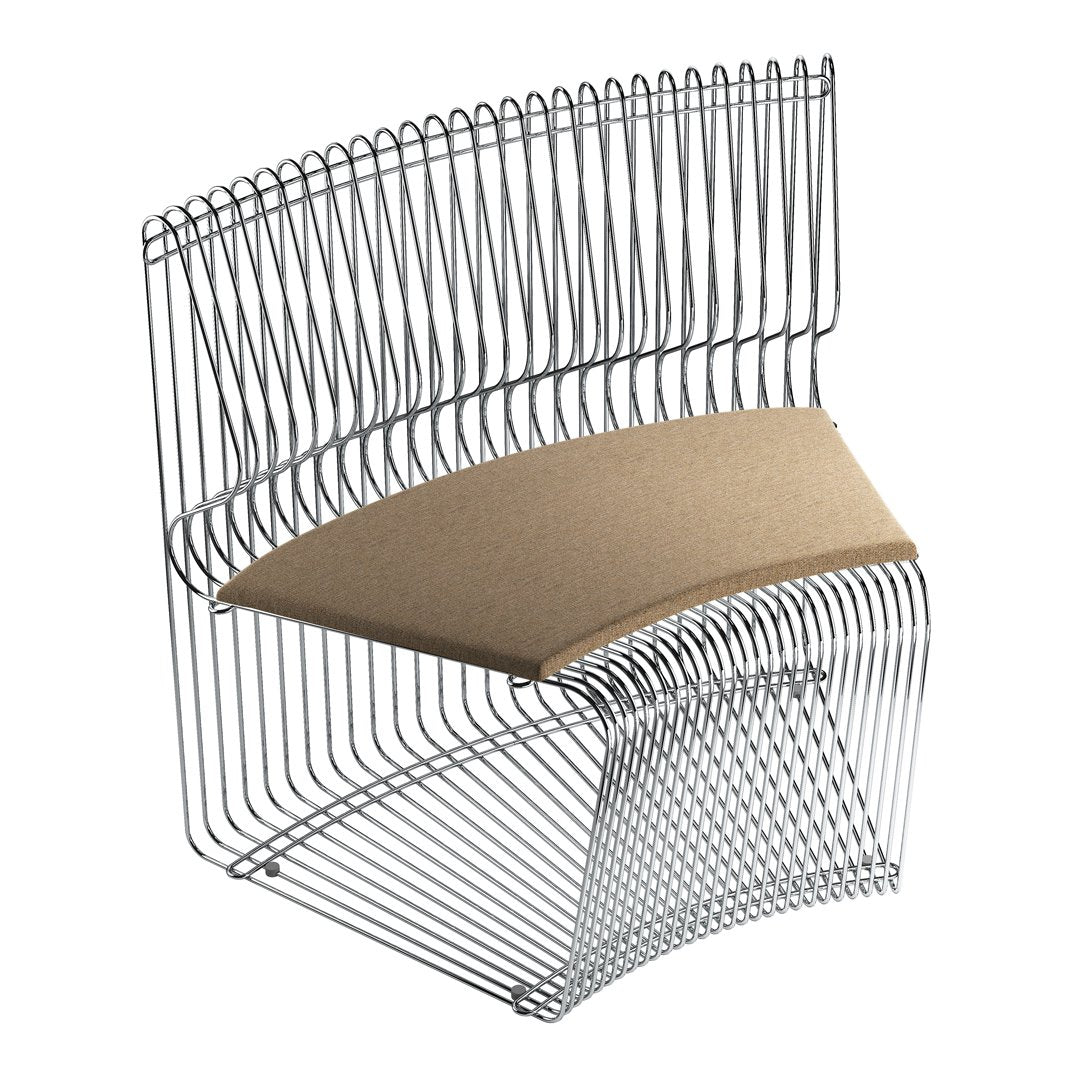 Sleek metallic chair with a curved wire design and a tan cardboard seat, showcasing a modern minimalist style.