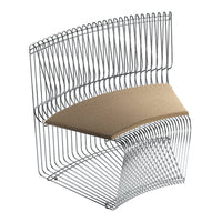 Sleek metallic chair with a curved wire design and a tan cardboard seat, showcasing a modern minimalist style.