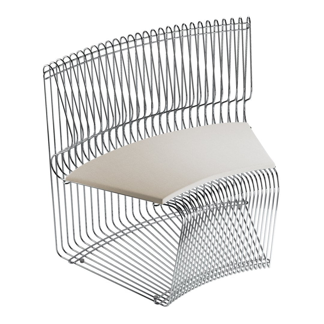 Sleek chrome wire chair with a minimalist white seat; modern design with curved lines and open structure.