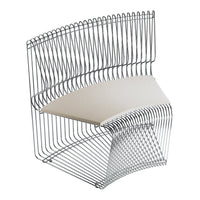 Sleek chrome wire chair with a minimalist white seat; modern design with curved lines and open structure.